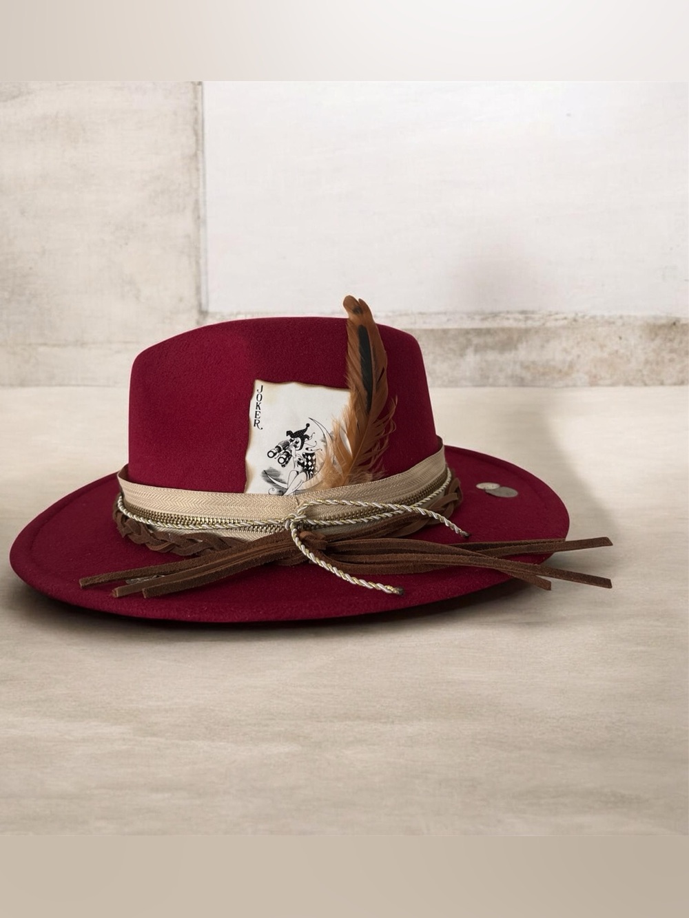 Unisex Burgundy Felt Fedora with Feather Accent